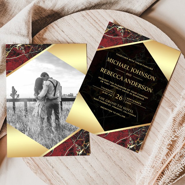 Invitación Boda de fotos de mármol rojo de borgoña geométrica (Subido por el creador)