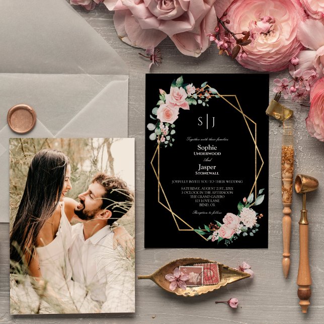 Invitación Boda de fotos de monograma simple floral negro de  (Subido por el creador)