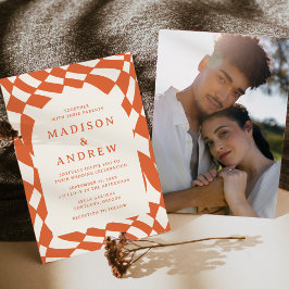 Invitación Boda de fotos de Naranja retro Checkerboard