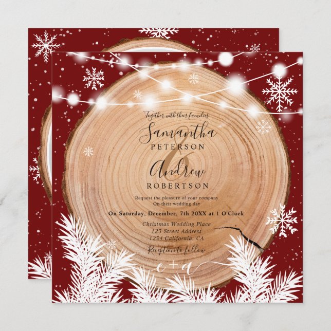 Invitación Boda de fotos de Navidades rojos con troncos de ni (Anverso / Reverso)