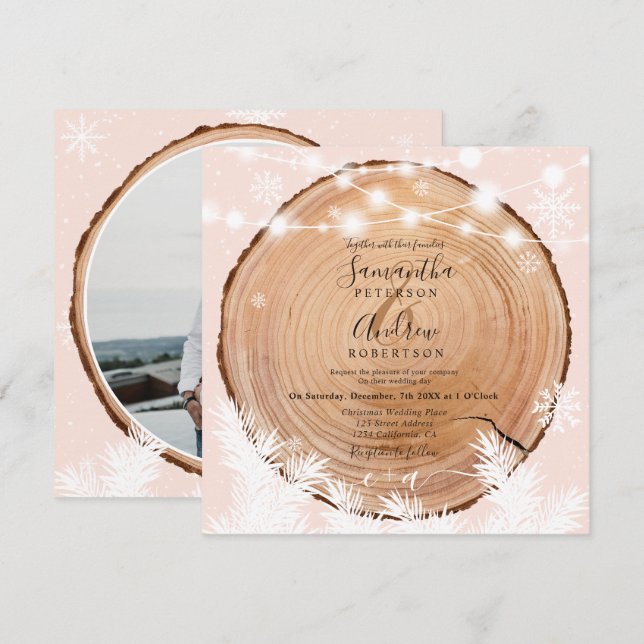 Invitación Boda de fotos de Navidades rosados con troncos de  (Anverso / Reverso)