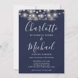 Invitación Boda de fotos de Navy Blue String Lights Script