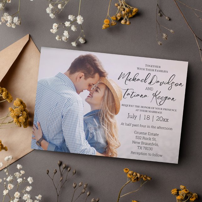 Invitación boda de fotos de pareja de guión de moda elegante (Subido por el creador)