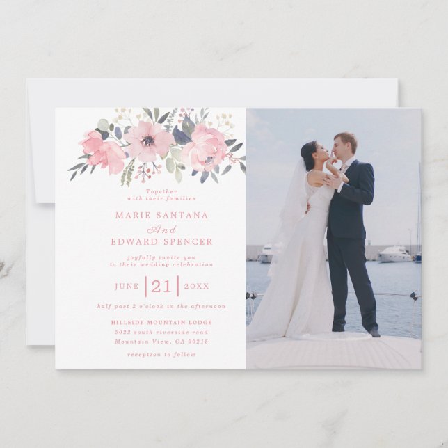 Invitación Boda de fotos de pareja personalizado y floral ros (Anverso)