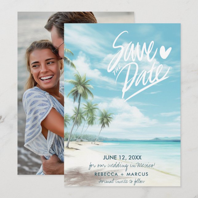 Invitación Boda de fotos de playa tropical Salven la fecha (Anverso / Reverso)