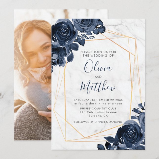 Invitación Boda de fotos de Rosas geométricos de oro azul de  (Anverso / Reverso)