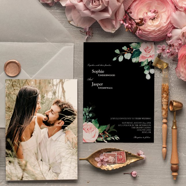 Invitación Boda de fotos de Rubor Floral Black (Subido por el creador)