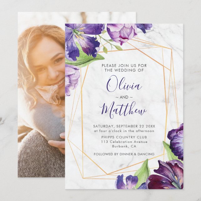 Invitación Boda de fotos de tulipanes morados geométricos de  (Anverso / Reverso)