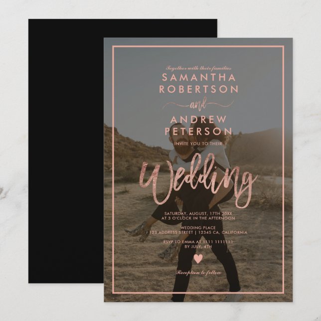 Invitación boda de fotos del marco de guiones de oro Rosa (Anverso / Reverso)