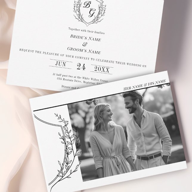 Invitación Boda de fotos elegante en blanco y negro de Escudo (Subido por el creador)
