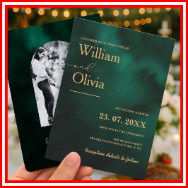 Invitación Boda de FOTOS elegante y verde esmeralda y oro