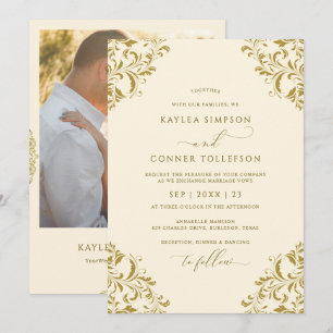 Invitación Boda de Fotos Elegantes de Oro y Crema Antiguos