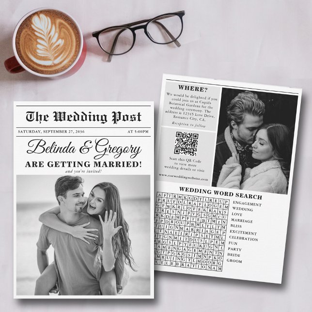 Invitación Boda de fotos en blanco y negro de periódico boda (Wedding Newspaper Fun Black & White Photo Wedding Invitation)
