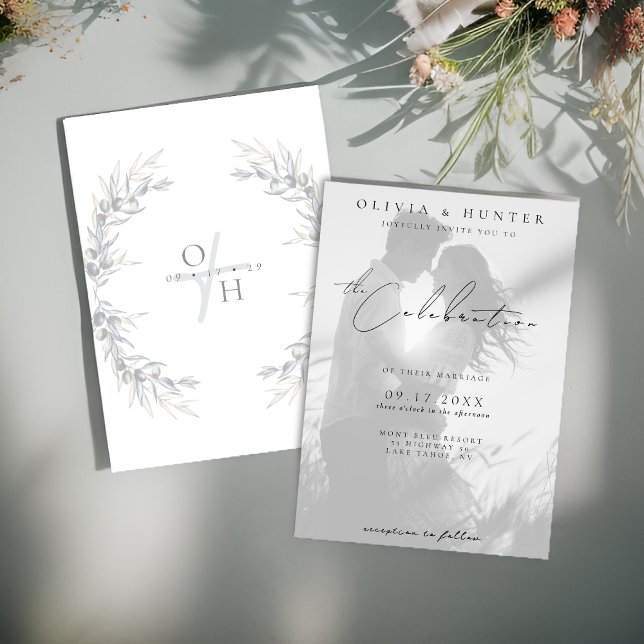 Invitación Boda de fotos en blanco y negro de rama de olivo m (Subido por el creador)