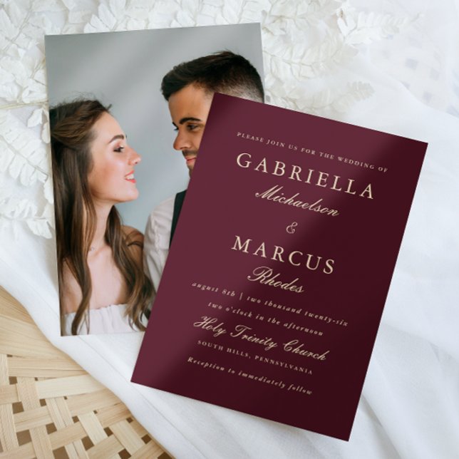 Invitación Boda de fotos en Borgoña simple y elegante (Subido por el creador)