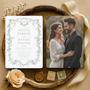 Invitación Boda de Fotos Floral Victoriana Francesa Verde Sal