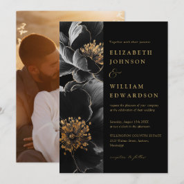 Invitación Boda De Fotos Florales De Moda Elegante En Negro Y