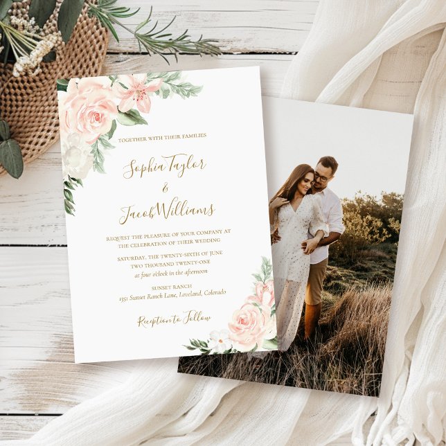Invitación Boda de fotos florales de primavera rosada de Rubo (Subido por el creador)