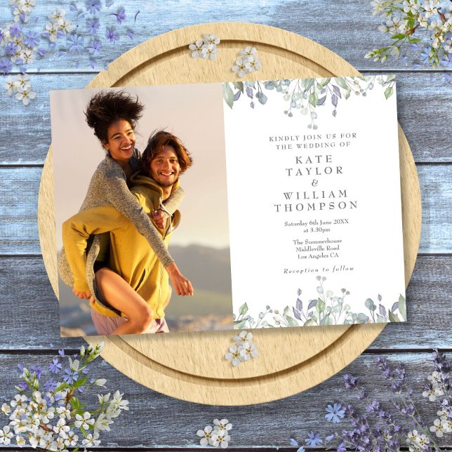 Invitación Boda De Fotos Florales De Sage Y Lilac Greenerener (Sage And Lilac Greenery Floral Photo Wedding Invitation)