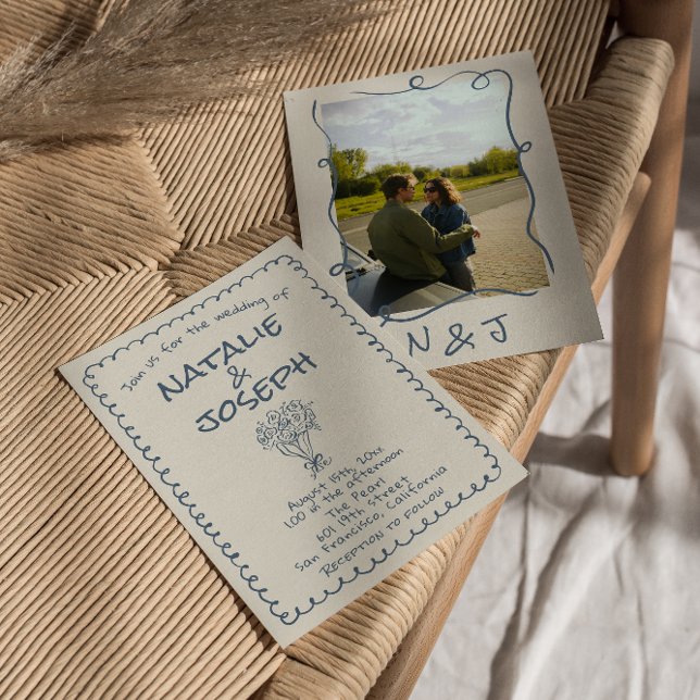 Invitación Boda de fotos funky azul de la Marina dibujada a m (Subido por el creador)