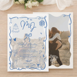 Invitación Boda de fotos ilustradas a mano con iniciales azul