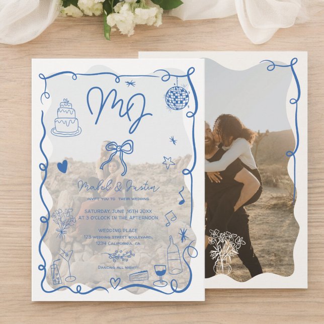 Invitación Boda de fotos ilustradas a mano con iniciales azul (Blue initials handdrawn illustrated photos wedding invitation)