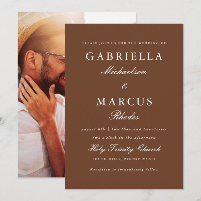 Invitación Boda de fotos marrón simple y elegante (Anverso / Reverso)