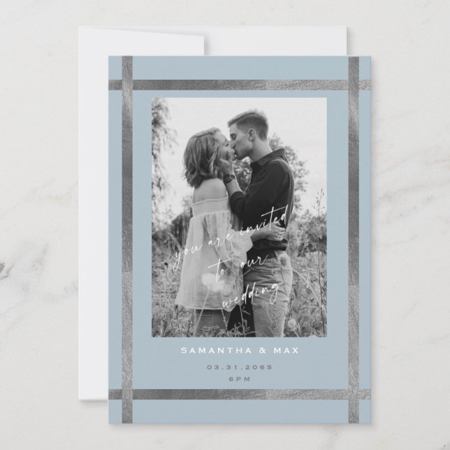 Invitación Boda de fotos moderno Icy Blue & Silver (Anverso)