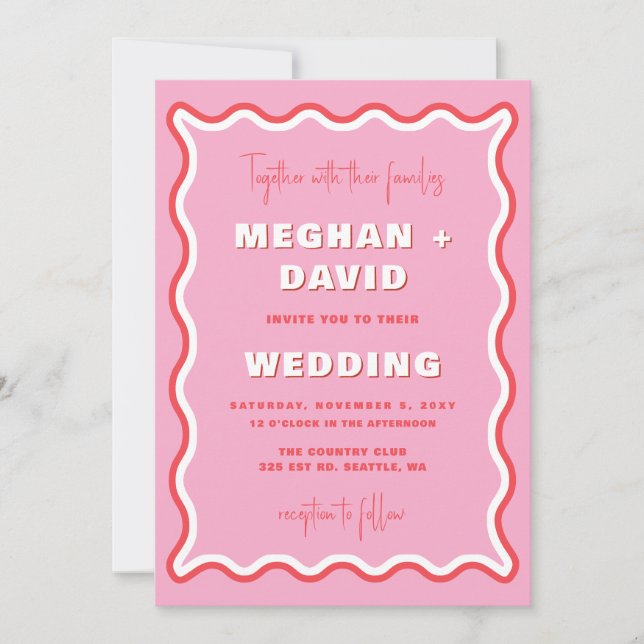 Invitación Boda de fotos rojas rosadas de ondulación por curv (Anverso)
