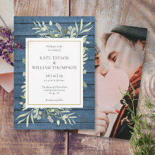 Invitación Boda de fotos rústicas de azul marino y verde dora
