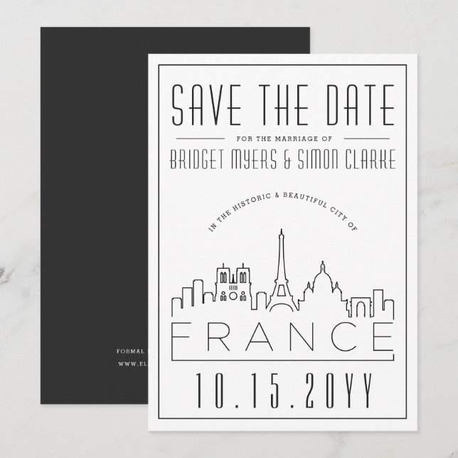 Invitación Boda de Francia | Estilizado Skyline Guardar la fe (Anverso / Reverso)