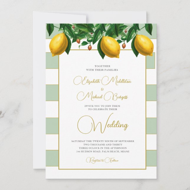 Invitación Boda de franja blanca verde limón (Anverso)