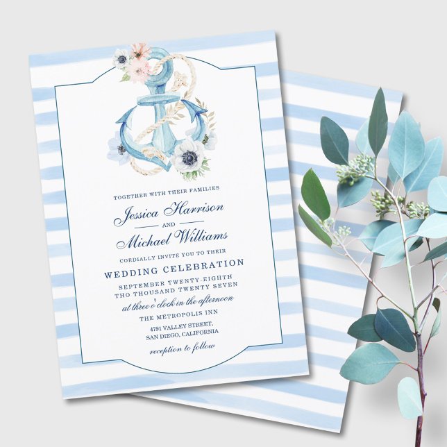 Invitación Boda de franjas acuáticas de antorcha floral náuti (Subido por el creador)