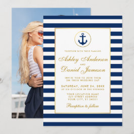 Invitación Boda de franjas azul náuticas invitan a la foto G
