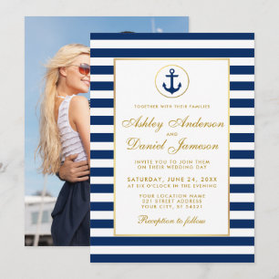 Invitación Boda de franjas azul náuticas invitan a la foto G