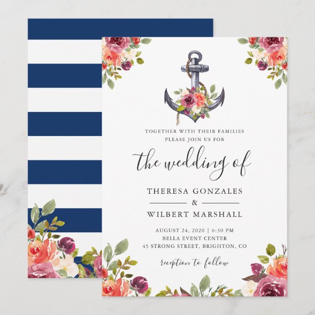 Invitación Boda de franjas azules de la Marina de Ancla Flora (Anverso / Reverso)