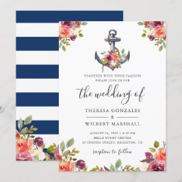 Invitación Boda de franjas azules de la Marina de Ancla Flora