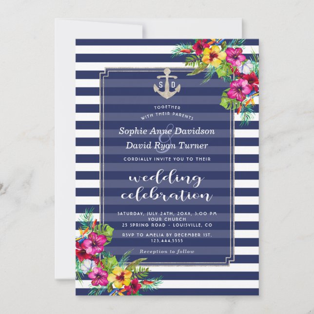 Invitación Boda de franjas azules de la marina tropical flora (Anverso)