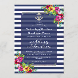 Invitación Boda de franjas azules de la marina tropical flora