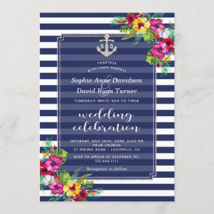 Invitación Boda de franjas azules de la marina tropical flora