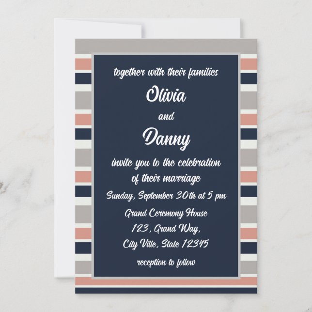 Invitación Boda de franjas costeras rosas azules de la Marina (Anverso)