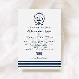 Invitación Boda de franjas de ancla blanca azul de la Marina