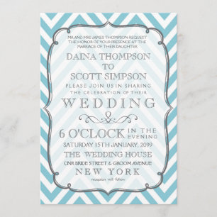 Invitación Boda de franjas de Chevron azules y blancas