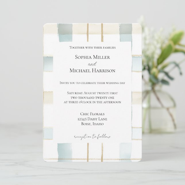Invitación Boda de franjas de plástico blanco crema azul (Anverso de pie)
