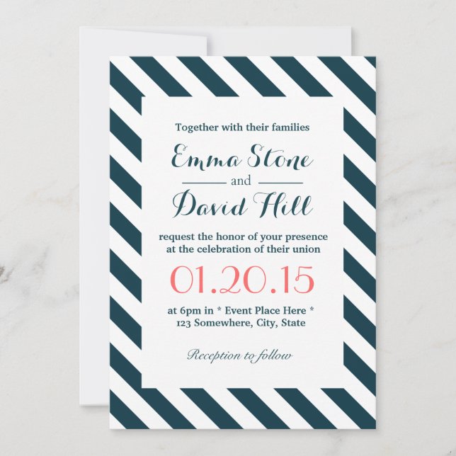 Invitación Boda de franjas diagonales azul y blanco (Anverso)