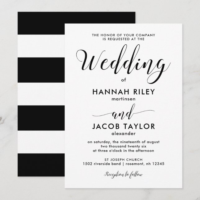Invitación Boda de franjas en blanco y negro (Anverso / Reverso)