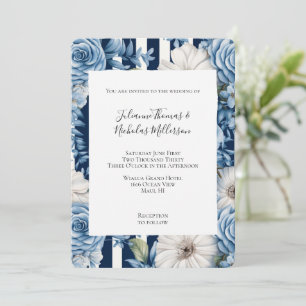 Invitación Boda de franjas florales azules blancas