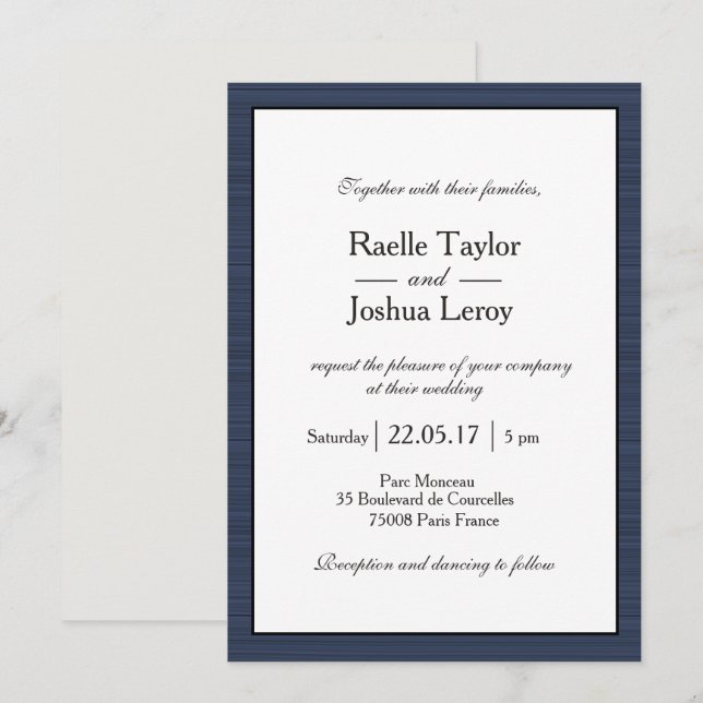 Invitación Boda de franjas grises azules de la marina minimal (Anverso / Reverso)