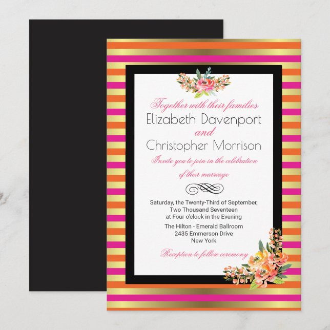 Invitación Boda de franjas metálicas rosadas, Naranjas y fals (Anverso / Reverso)