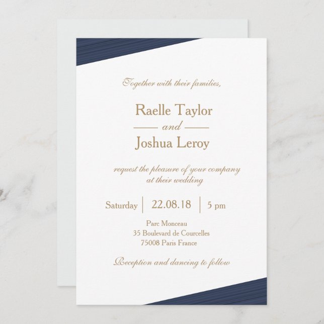Invitación Boda de franjas sutiles gris gris blanco dorado os (Anverso / Reverso)